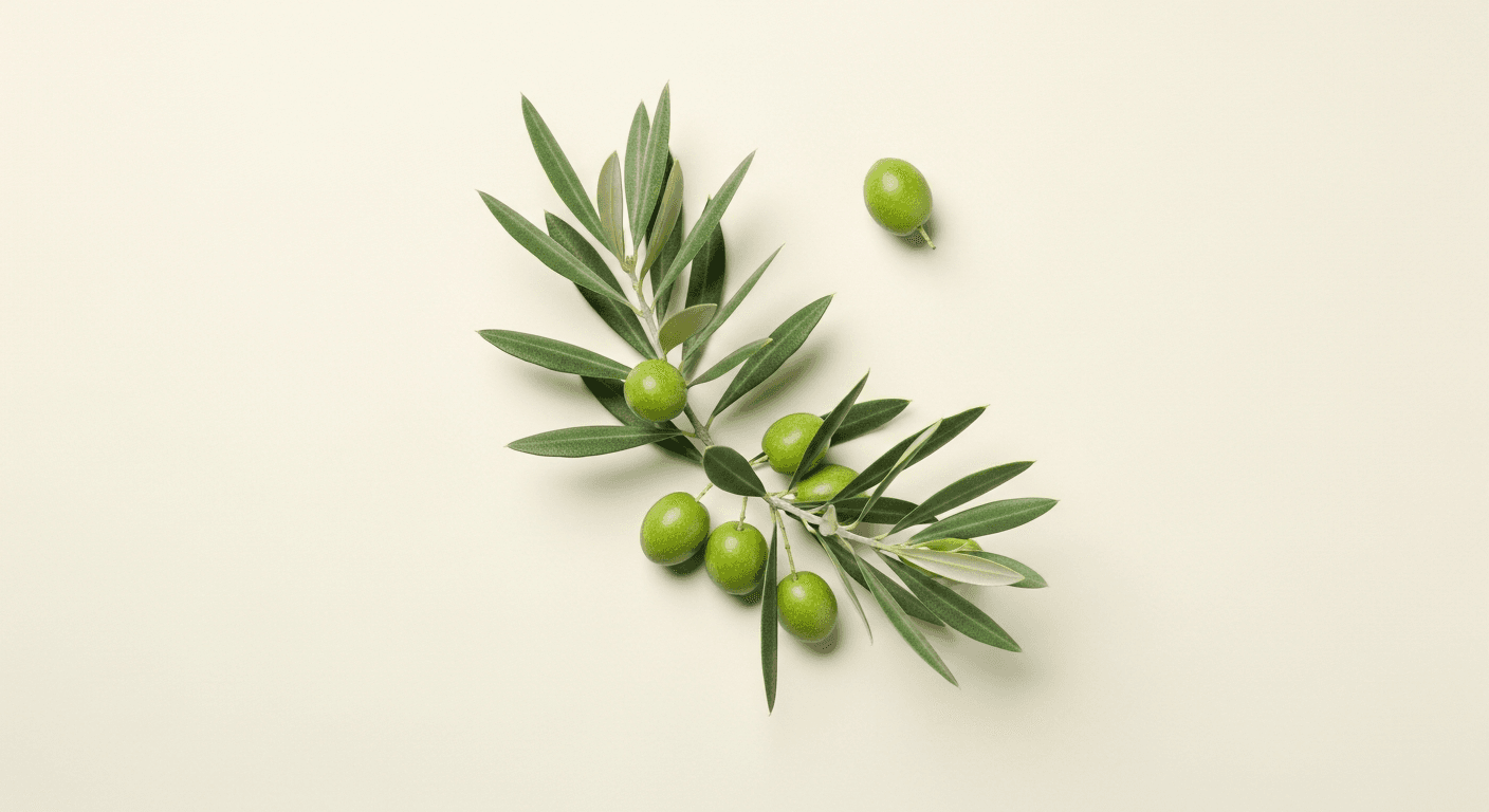 Fresh olive leaves and olives on Mediterranean stone surface