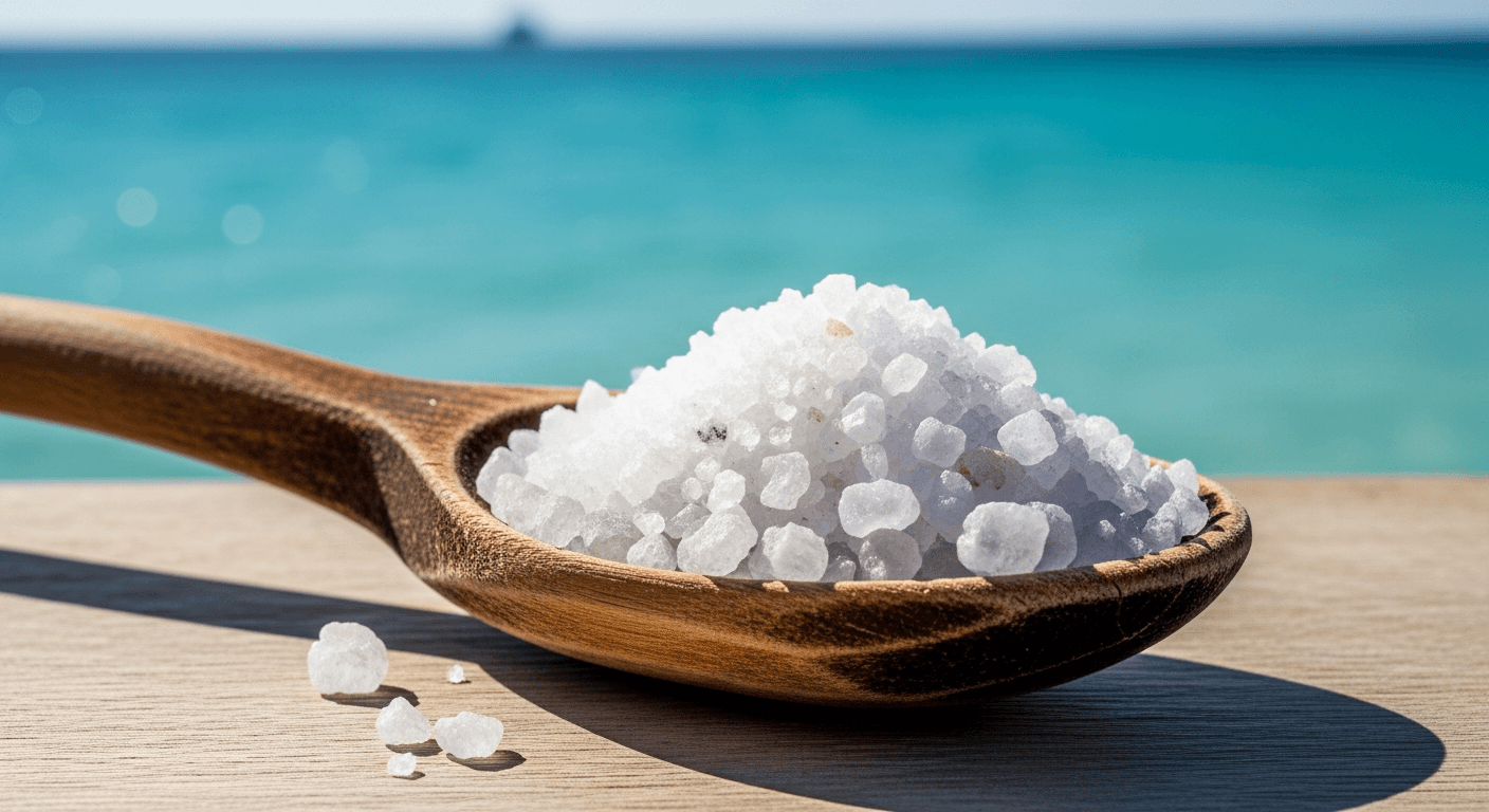 Natural sea salt crystals with Mediterranean sea background