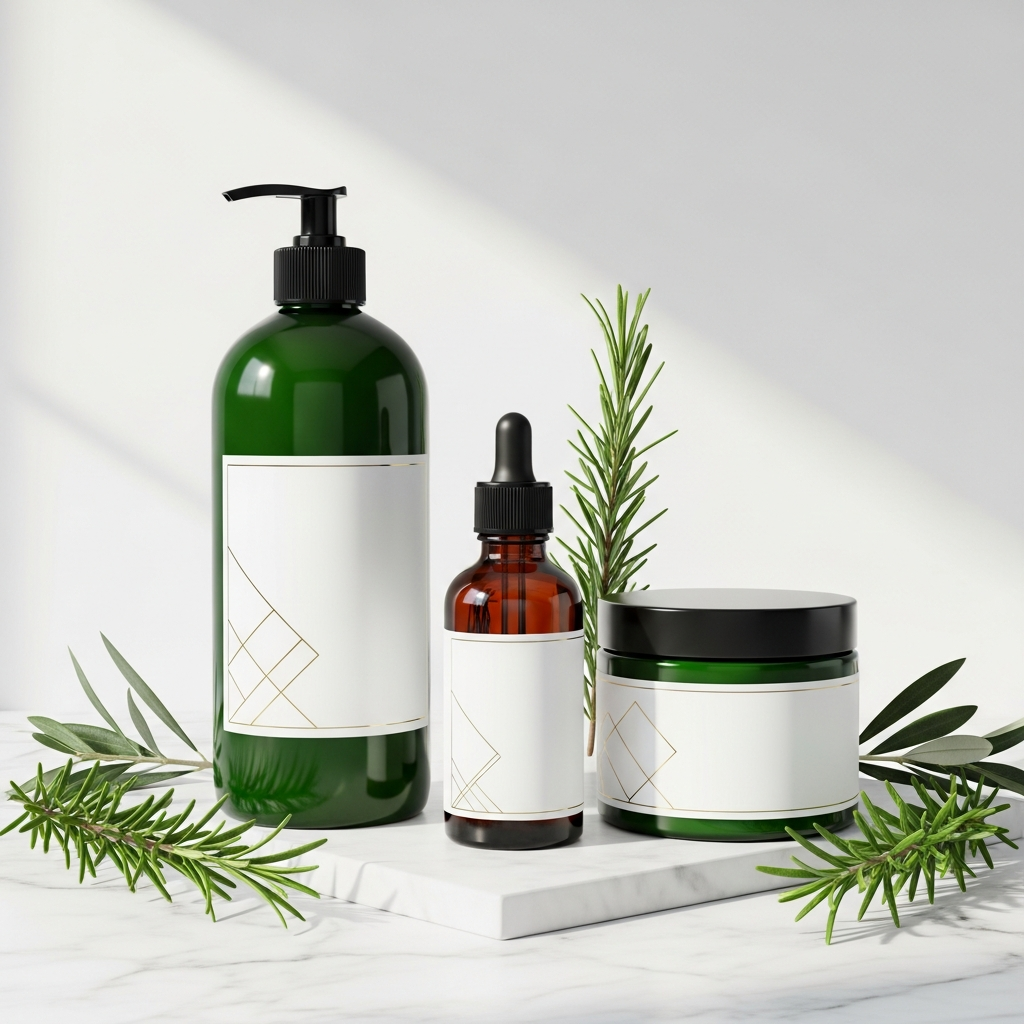Atlas Botanics Growth Kit - premium hair growth serum, shampoo and scalp treatment arranged on marble surface with rosemary sprigs
